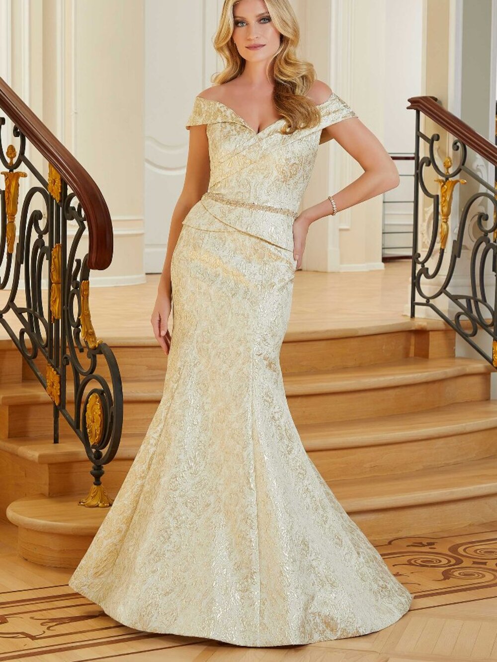 MGNY Gold Metallic Brocade Off The Shoulder Gown Beaded Waist Peplum